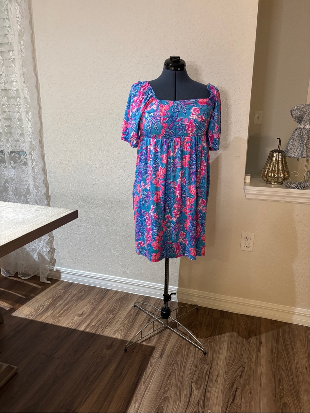 Lilly Pulitzer Bright Blue Mini Dress with Pink Floral Pattern